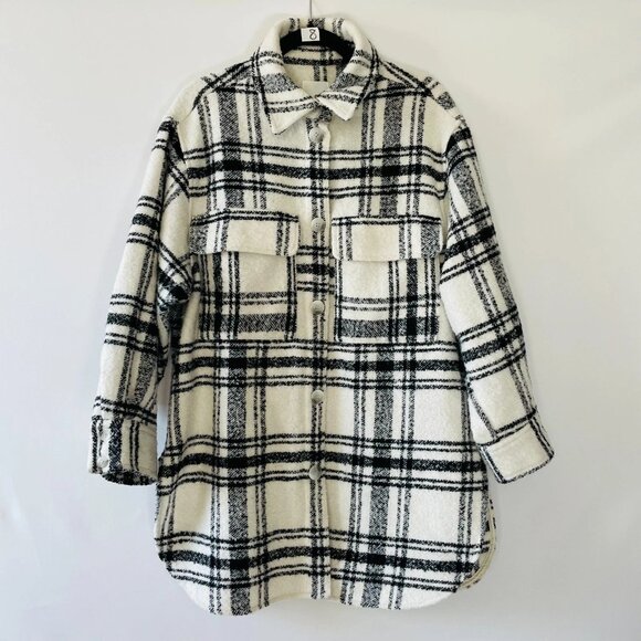 H&M Jackets & Blazers - H&M Womens Black White Double Pocket Oversized Plaid Shacket Jacket Size M